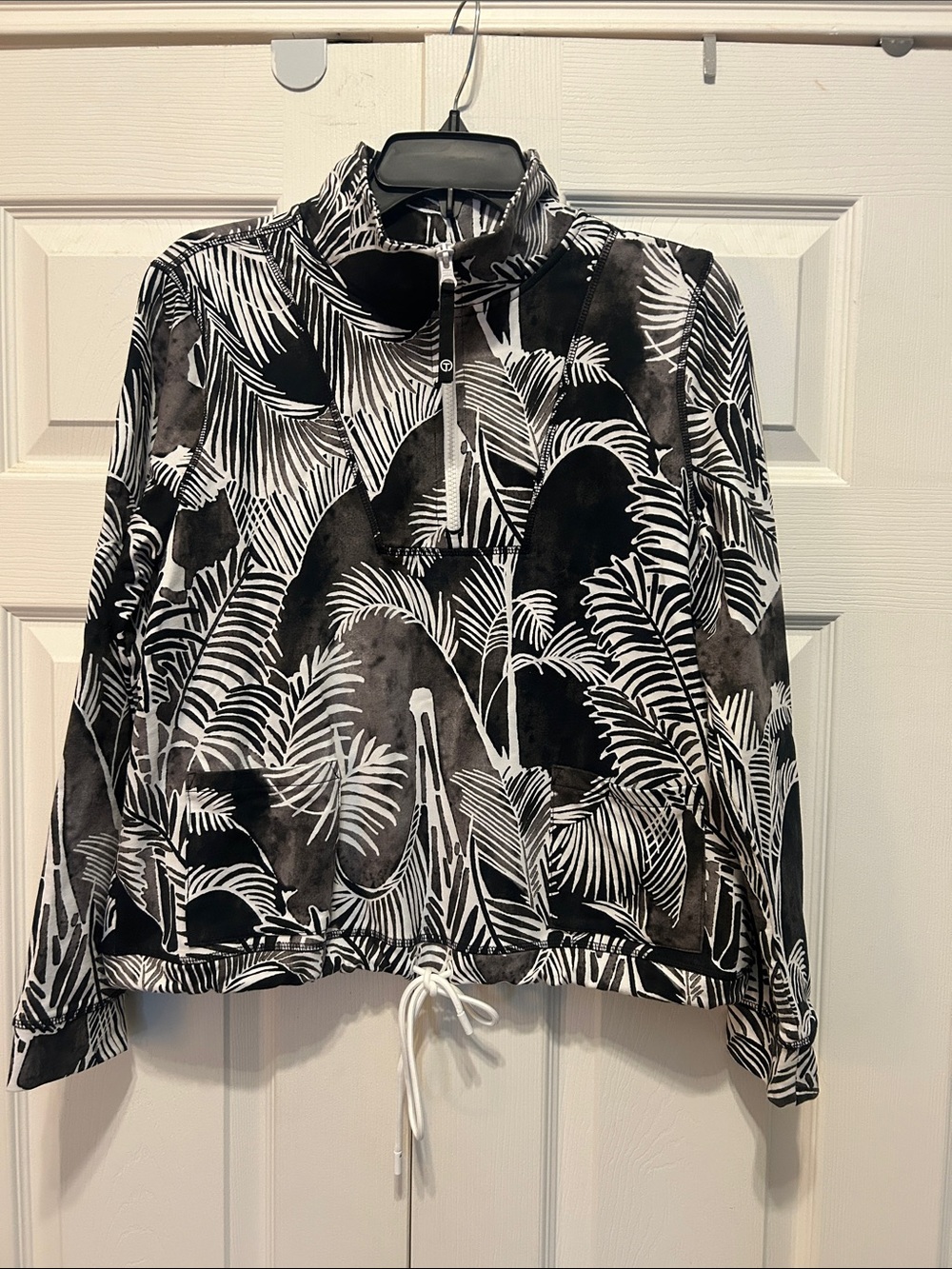 Talbots Black and White Leaf-Print Quarter-Zip Bomber Jacket